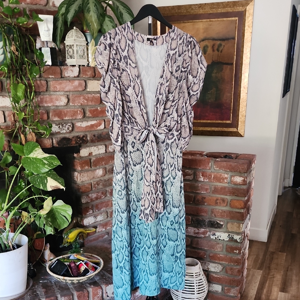 AFRM Snake Print Midi Dress Size M Puff Sleeve Tie Waist Green Ombre Python - Picture 3 of 13